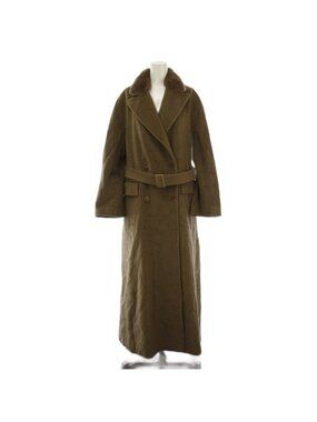 Max Mara Chesterfield Coat Long with Belt Wool Cashmere Collar Fur 42 Khaki